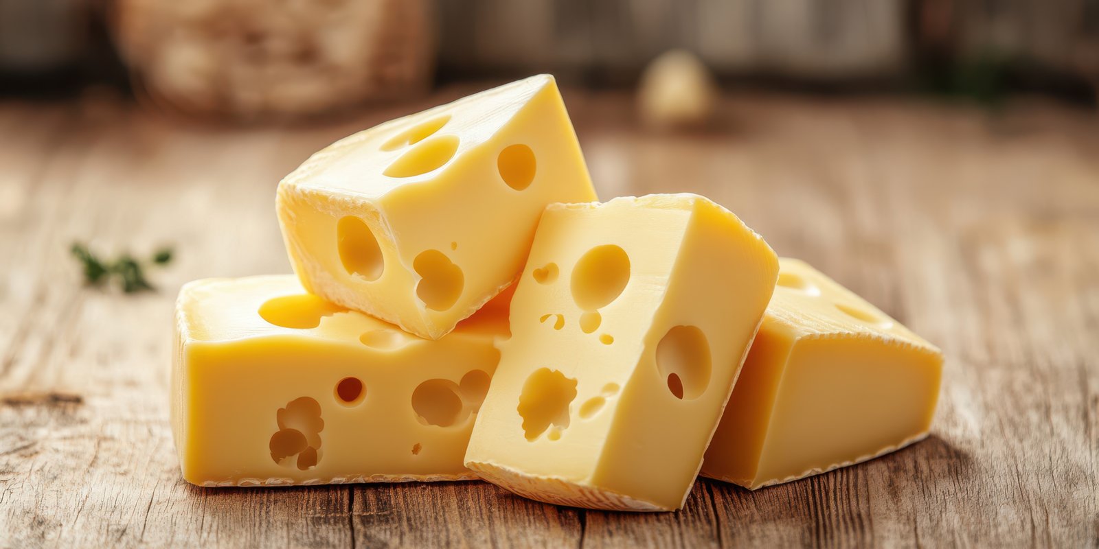 Delicious blocks of cheese stacked on a rustic wooden table in a warm, inviting kitchen setting during the afternoon